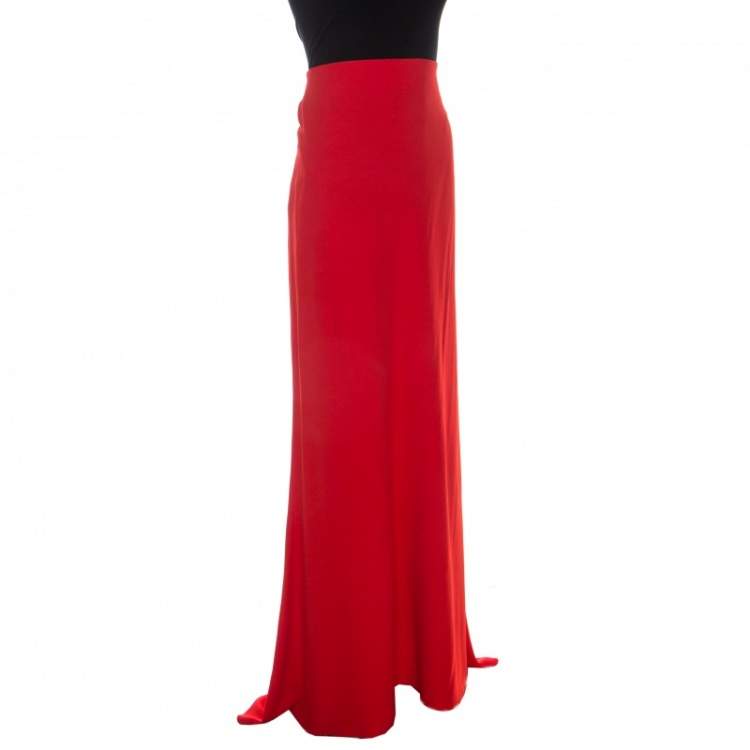 Pre Owned Alexander McQueen Coral Red Crepe Ruched Detail  Maxi Skirt L