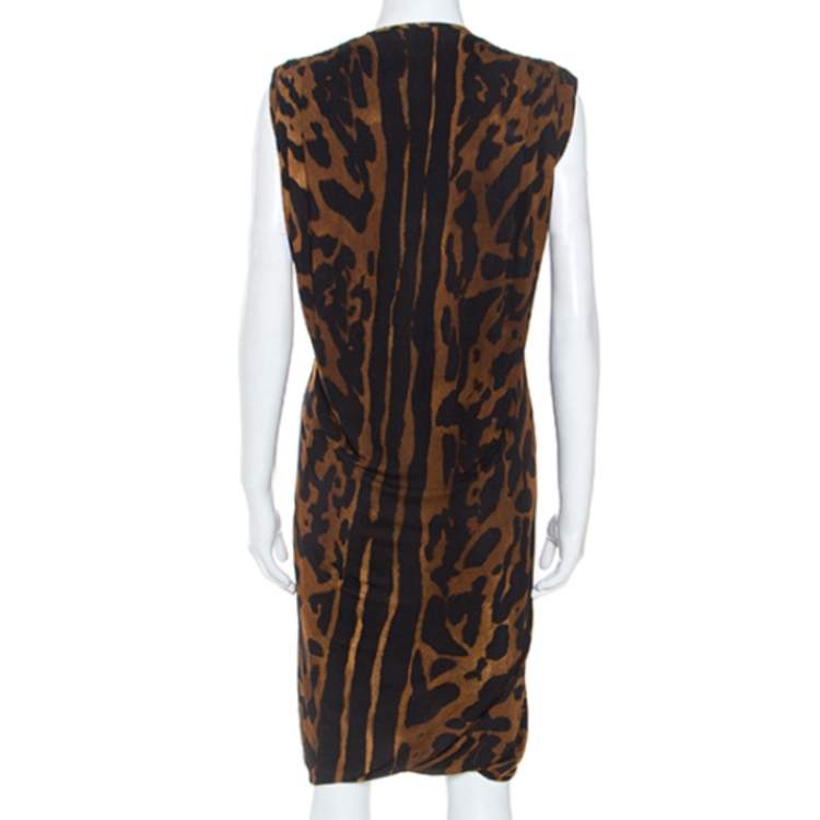 Pre Owned Alexander McQueen Brown Ocelot Print Chiffon Midi Dress S