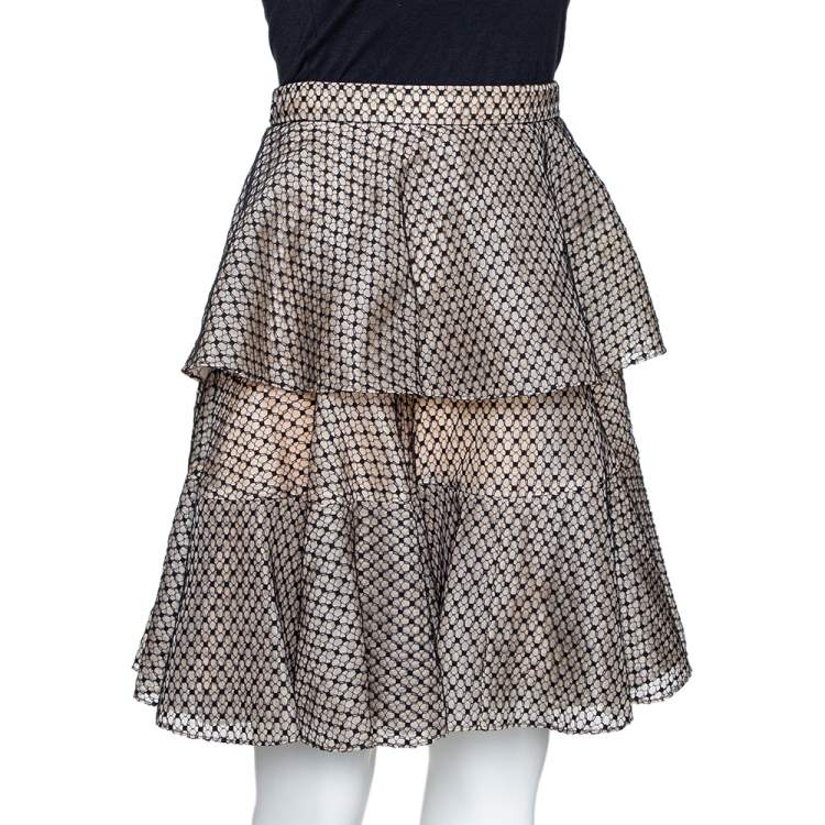 Pre Owned Alexander McQueen Black & Cream Silk Lace Overlay Tiered Skirt M