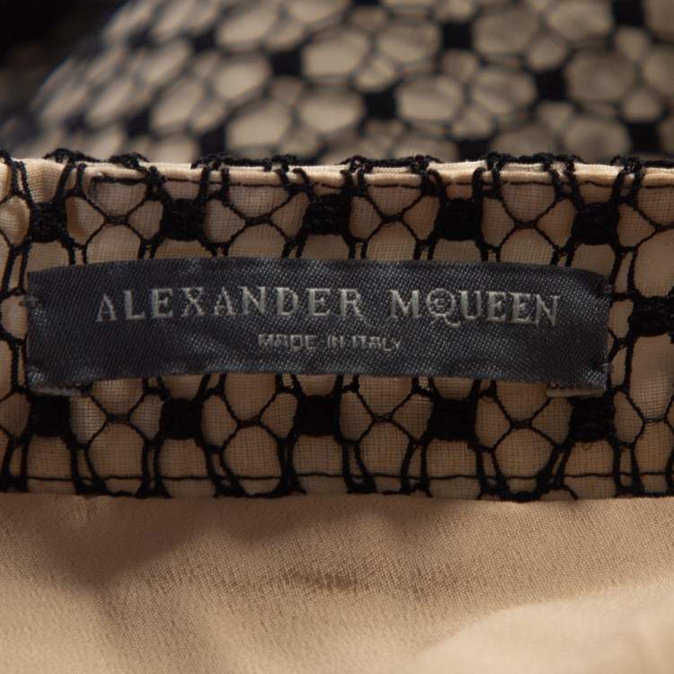 Pre Owned Alexander McQueen Black & Cream Silk Lace Overlay Tiered Skirt M