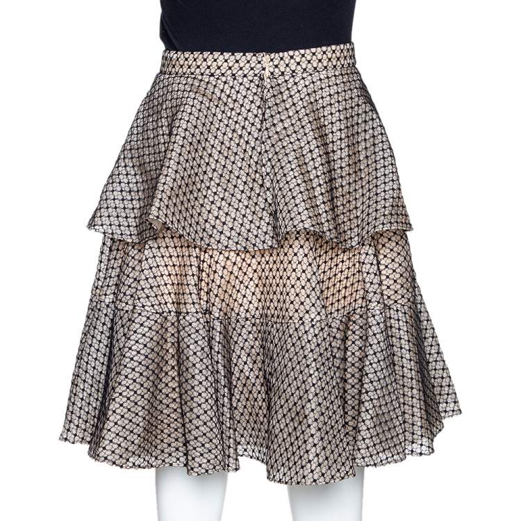 Pre Owned Alexander McQueen Black & Cream Silk Lace Overlay Tiered Skirt M