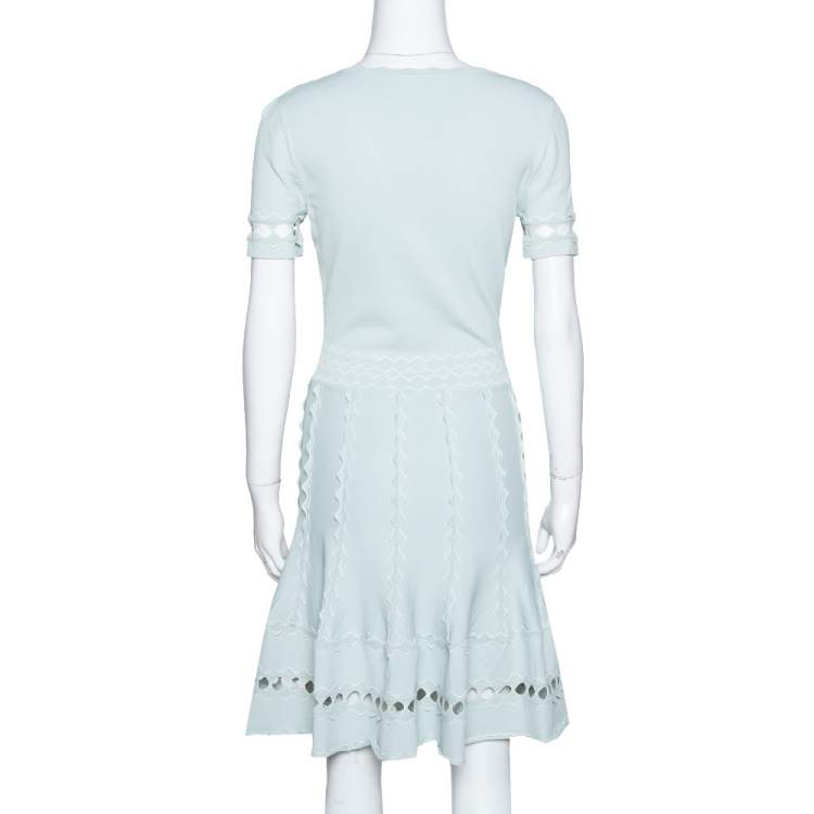 Pre Owned Alexander McQueen Egg Blue Knit Flute Sleeve Mini Dress M
