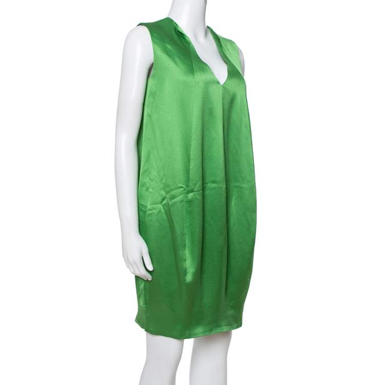 Pre Owned Alexander McQueen Green Silk Satin Sleeveless Shift Dress M