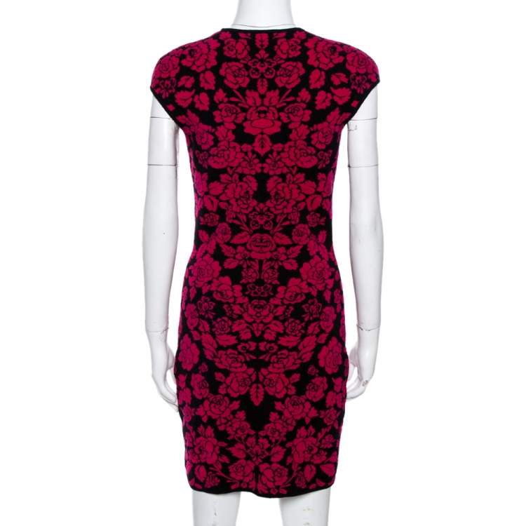Pre Owned Alexander McQueen Pink & Black Floral Jacquard Bodycon Dress M
