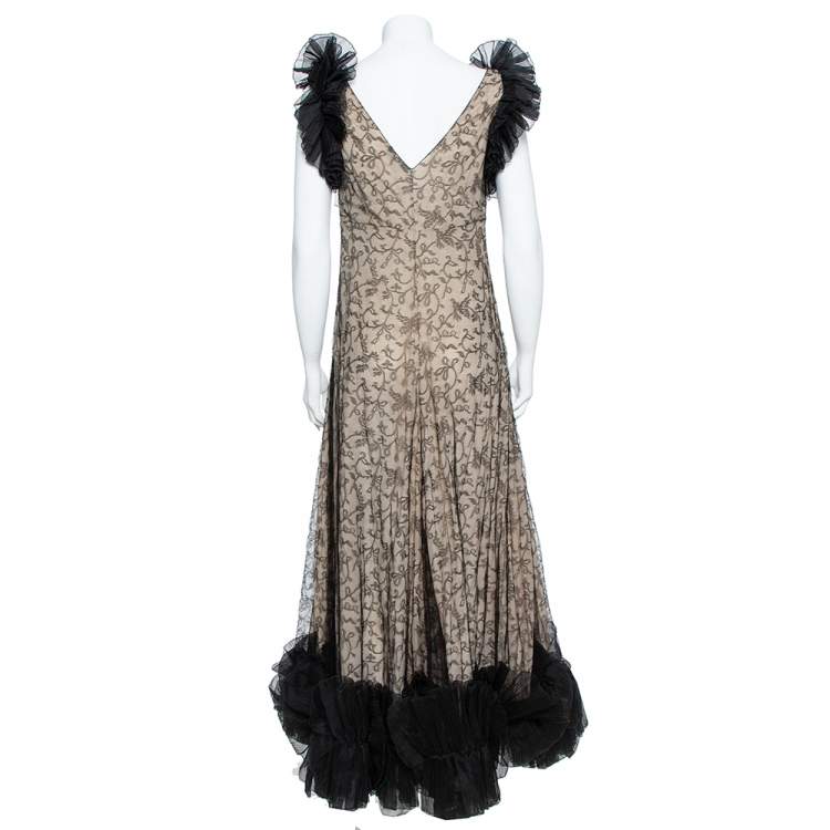 Pre Owned Alexander McQueen Black & Cream Ruffled Lace Gown M