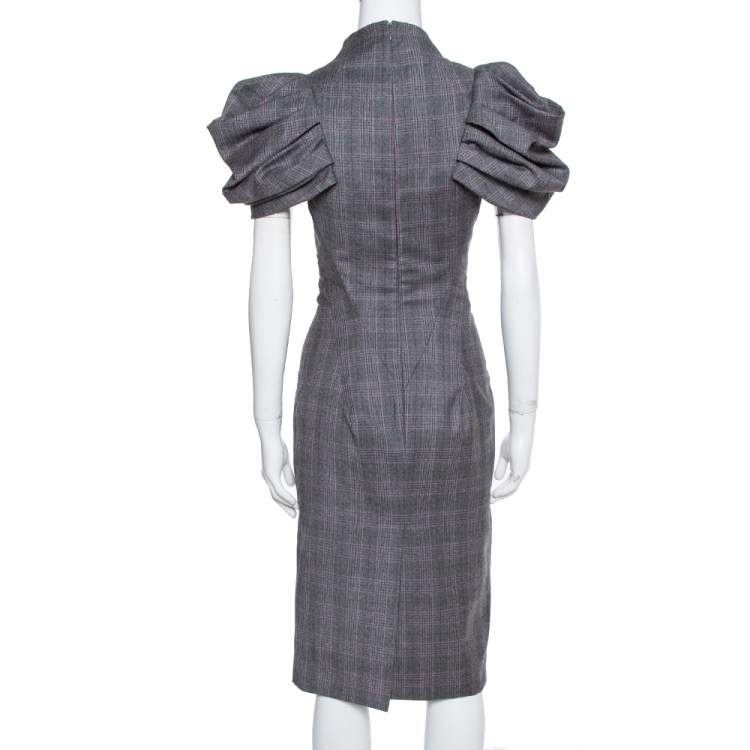 Pre Owned Alexander McQueen Grey Checked Wool Pleated Sleeve Dress S