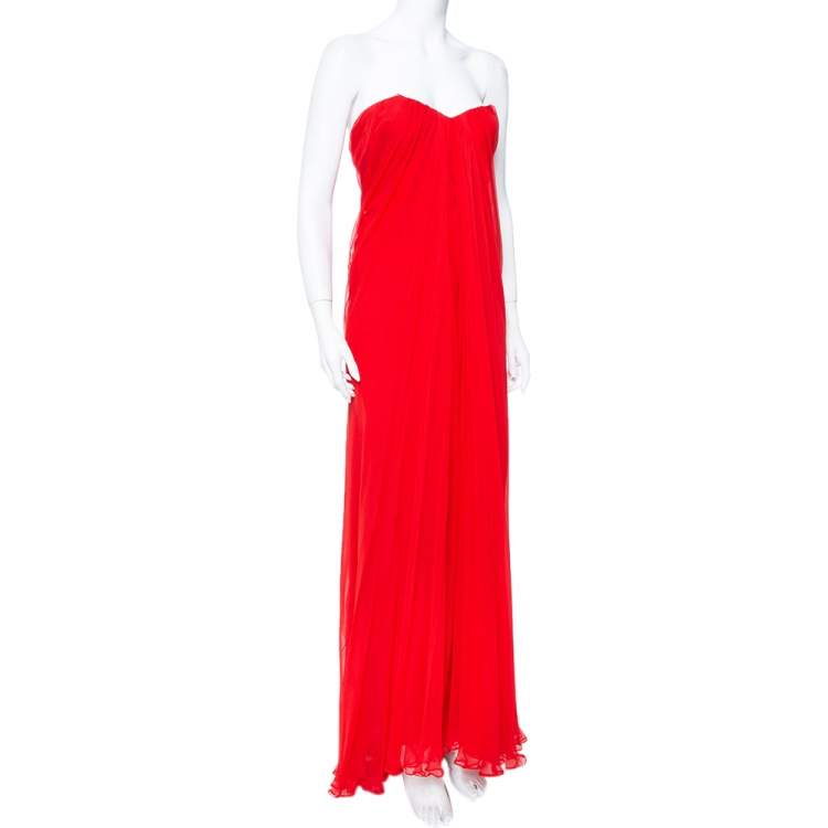 Pre Owned Alexander McQueen Red Chiffon Bustier Detail Strapless Evening Gown M