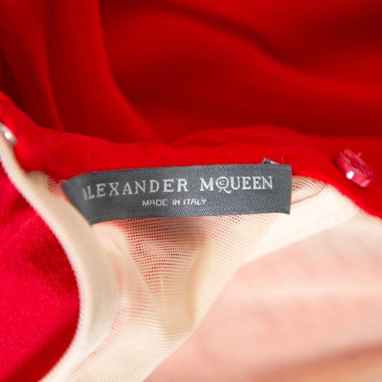 Pre Owned Alexander McQueen Red Chiffon Bustier Detail Strapless Evening Gown M