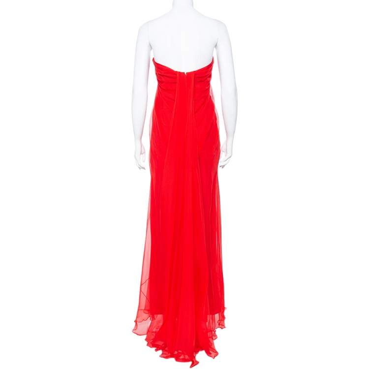 Pre Owned Alexander McQueen Red Chiffon Bustier Detail Strapless Evening Gown M