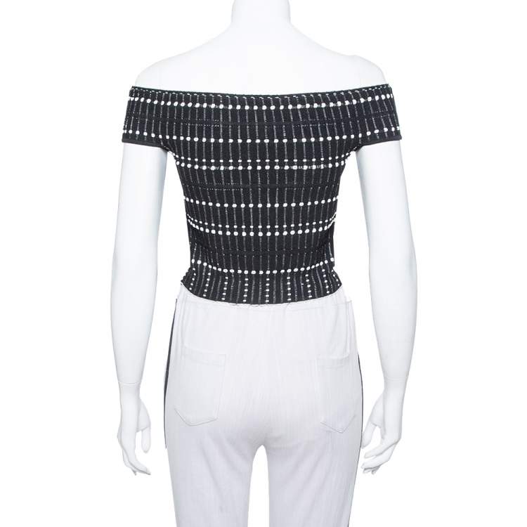 Pre Owned Alexander McQueen Monochrome Knit Boucle Detail Off Shoulder Crop Top M