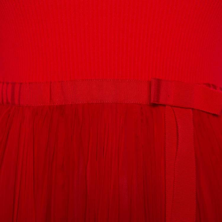 Pre Owned Alexander McQueen Red Silk & Knit Flared Off Shoulder Maxi Dress M