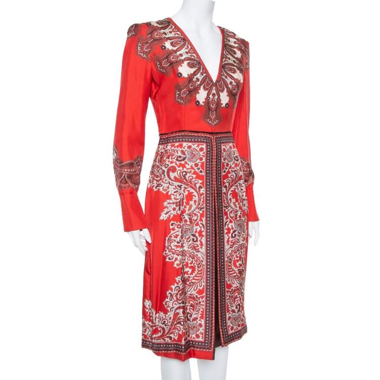 Pre Owned Alexander McQueen Red  Paisley Printed Silk Plunge Neck Midi Dress S