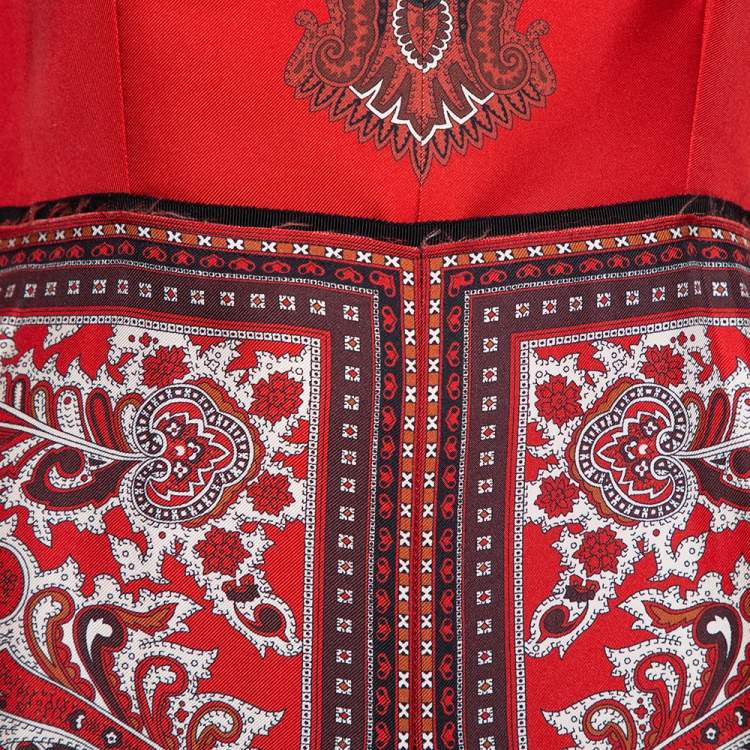 Pre Owned Alexander McQueen Red  Paisley Printed Silk Plunge Neck Midi Dress S