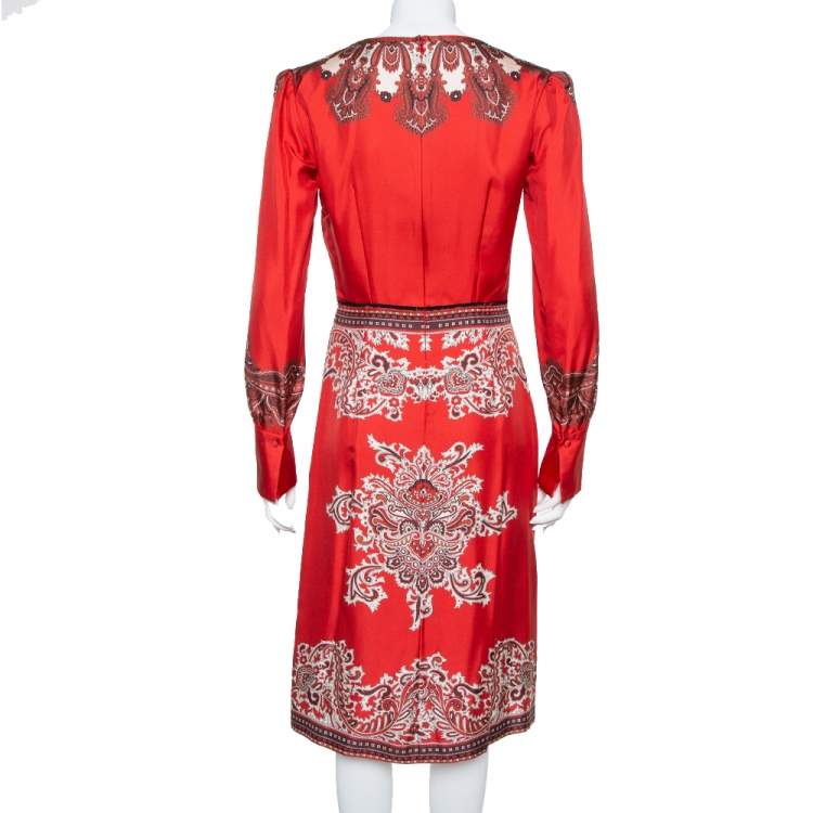 Pre Owned Alexander McQueen Red  Paisley Printed Silk Plunge Neck Midi Dress S