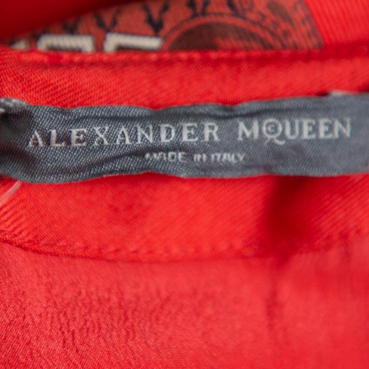 Pre Owned Alexander McQueen Red  Paisley Printed Silk Plunge Neck Midi Dress S