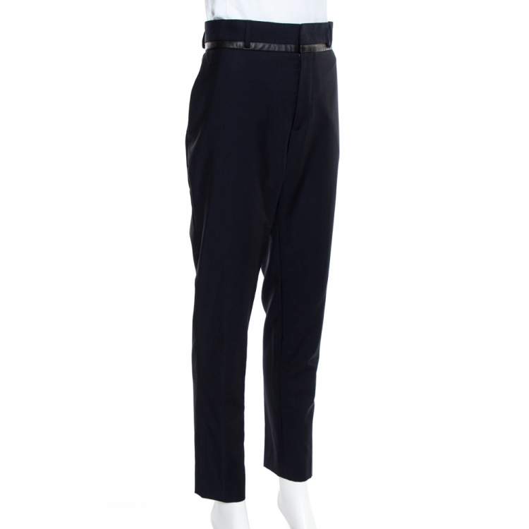 Pre Owned McQ by Alexander McQueen Navy Blue Wool Leather trim Detail Straight Leg Trousers XL