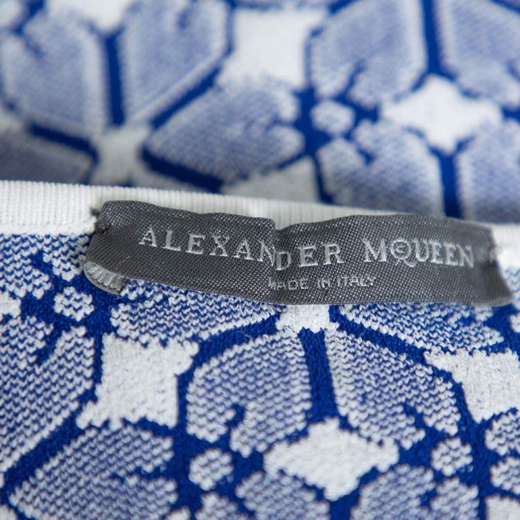 Pre Owned Alexander McQueen White & Navy Blue Embossed Floral Jacquard Crop Top and Short Set S