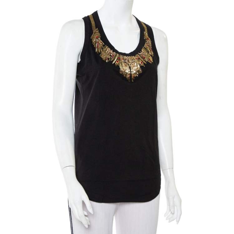 Pre Owned Alexander McQueen Black Gold Glory Embellished Knit Sleeveless Top M