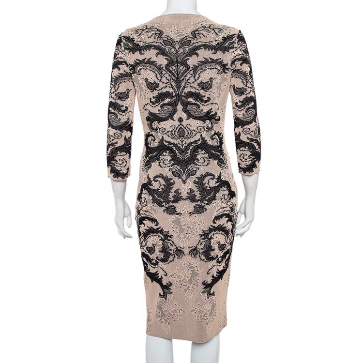 Pre Owned Alexander McQueen Beige & Black Jacquard Knit Sheath Dress M