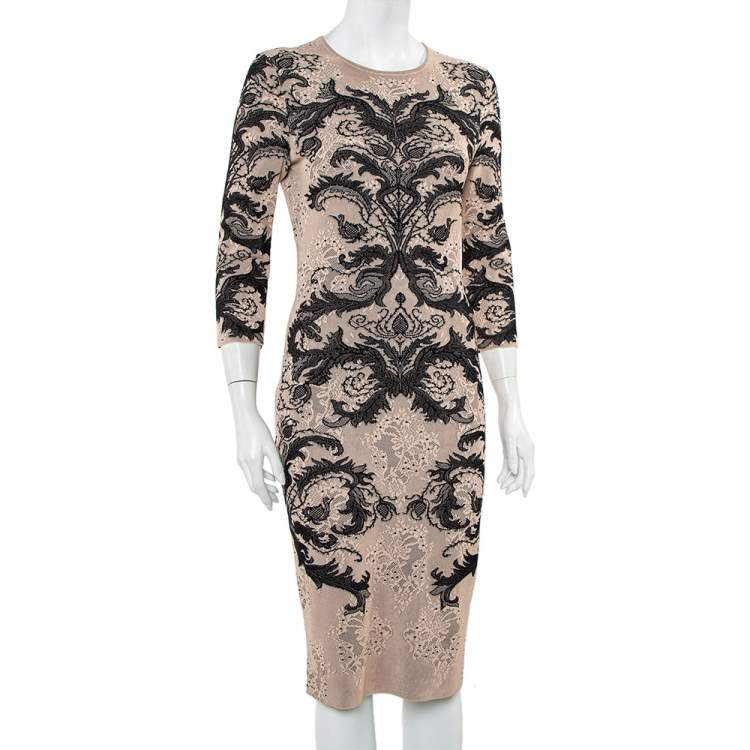 Pre Owned Alexander McQueen Beige & Black Jacquard Knit Sheath Dress M