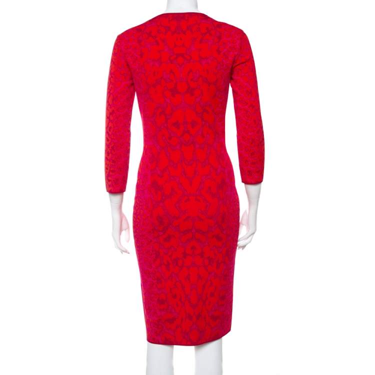Pre Owned Alexander McQueen Pink and Red Leopard Printed Knit Sheath Dress M