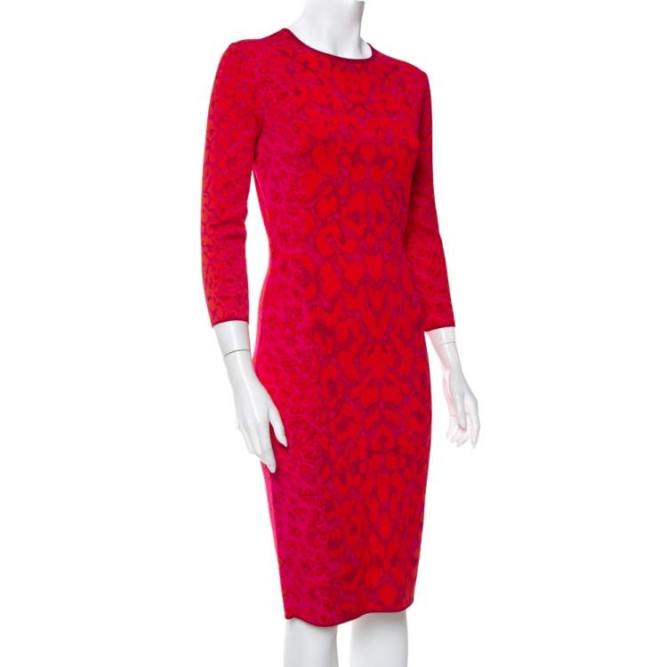 Pre Owned Alexander McQueen Pink and Red Leopard Printed Knit Sheath Dress M