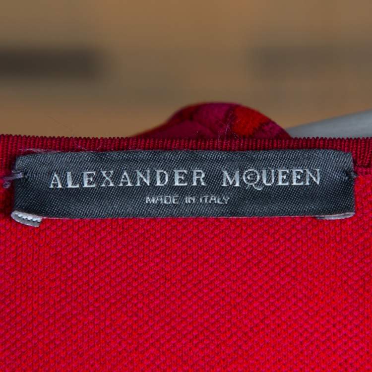 Pre Owned Alexander McQueen Pink and Red Leopard Printed Knit Sheath Dress M