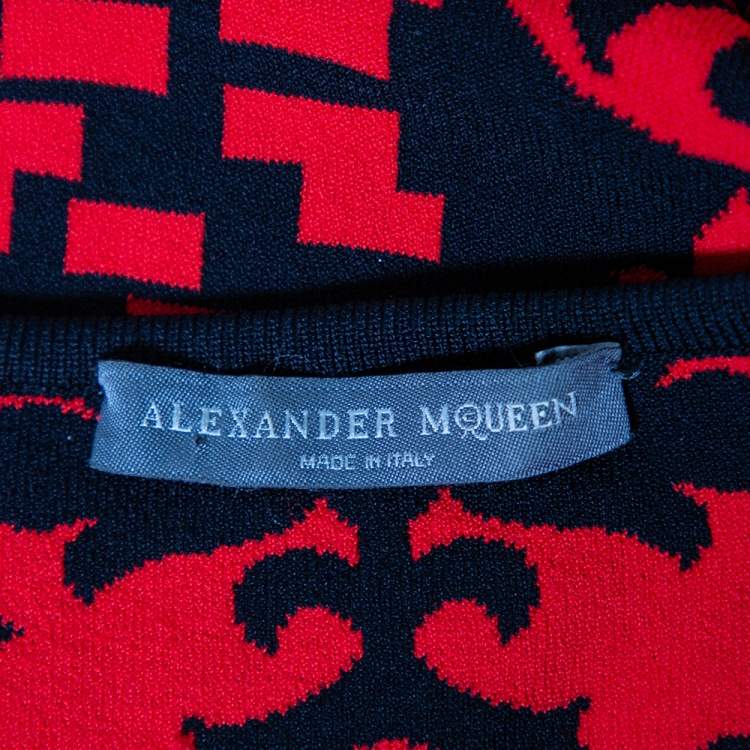 Pre Owned Alexander McQueen Red & Black Jacquard Knit Sheath Dress M