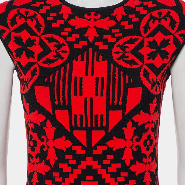 Pre Owned Alexander McQueen Red & Black Jacquard Knit Sheath Dress M