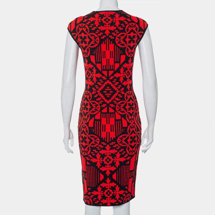 Pre Owned Alexander McQueen Red & Black Jacquard Knit Sheath Dress M