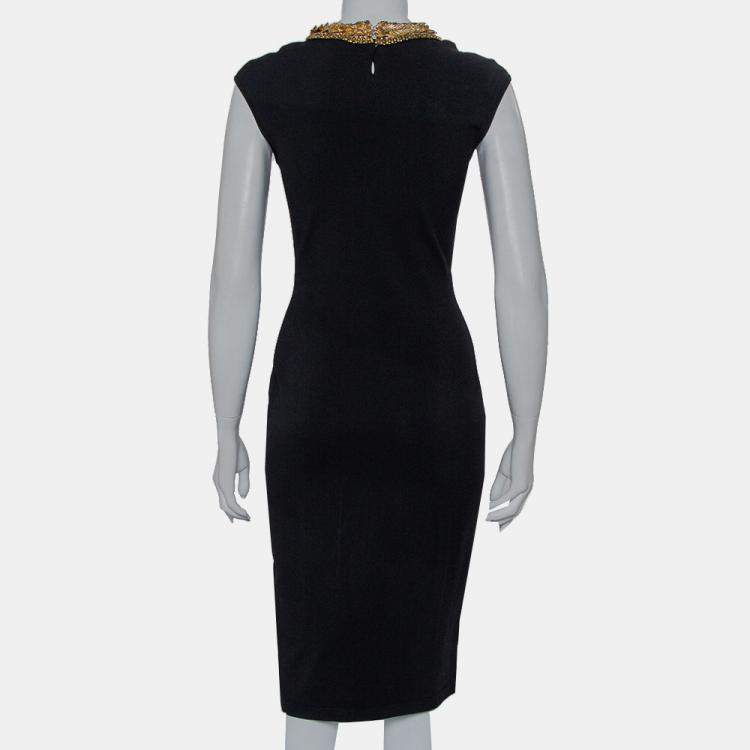 Pre Owned Alexander McQueen Black Knit Embellished Neck Detail Sleeveless Sheath Dress M