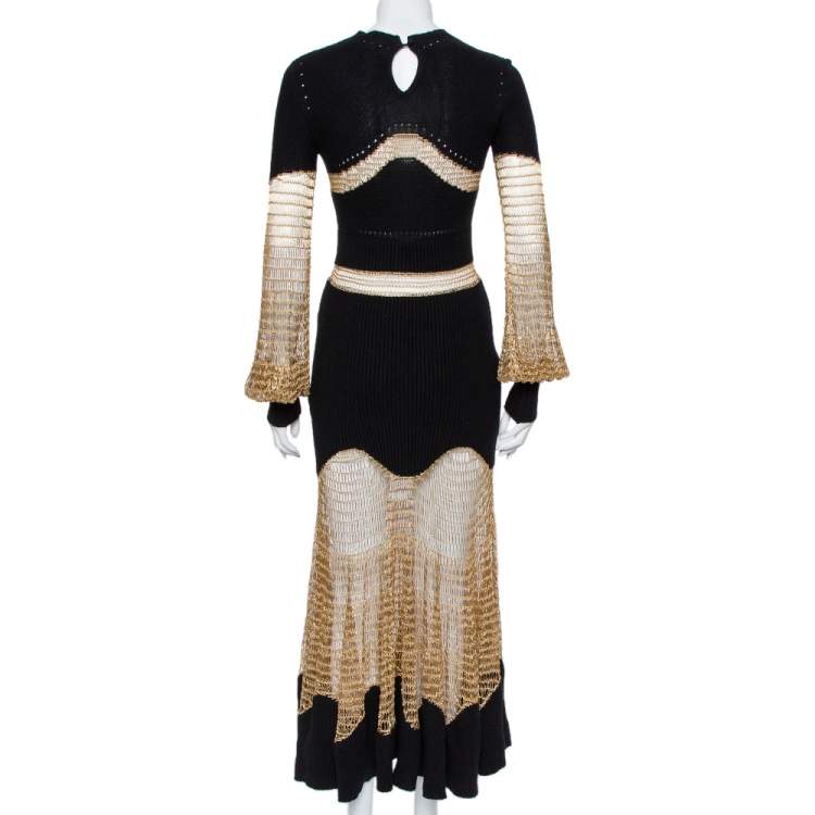Pre Owned Alexander McQueen Black & Gold Knit & Mesh Paneled Maxi Dress S 