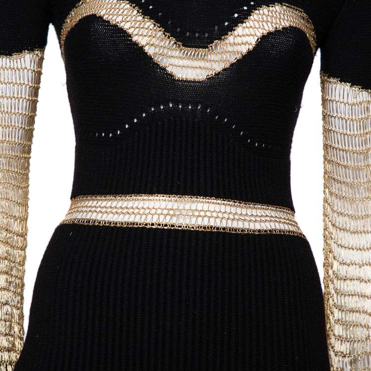 Pre Owned Alexander McQueen Black & Gold Knit & Mesh Paneled Maxi Dress S 
