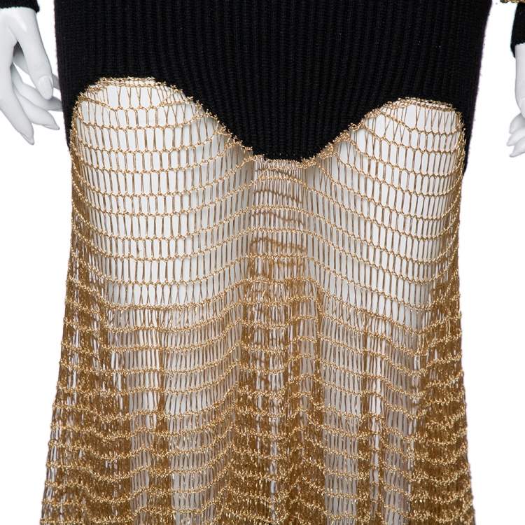 Pre Owned Alexander McQueen Black & Gold Knit & Mesh Paneled Maxi Dress S 