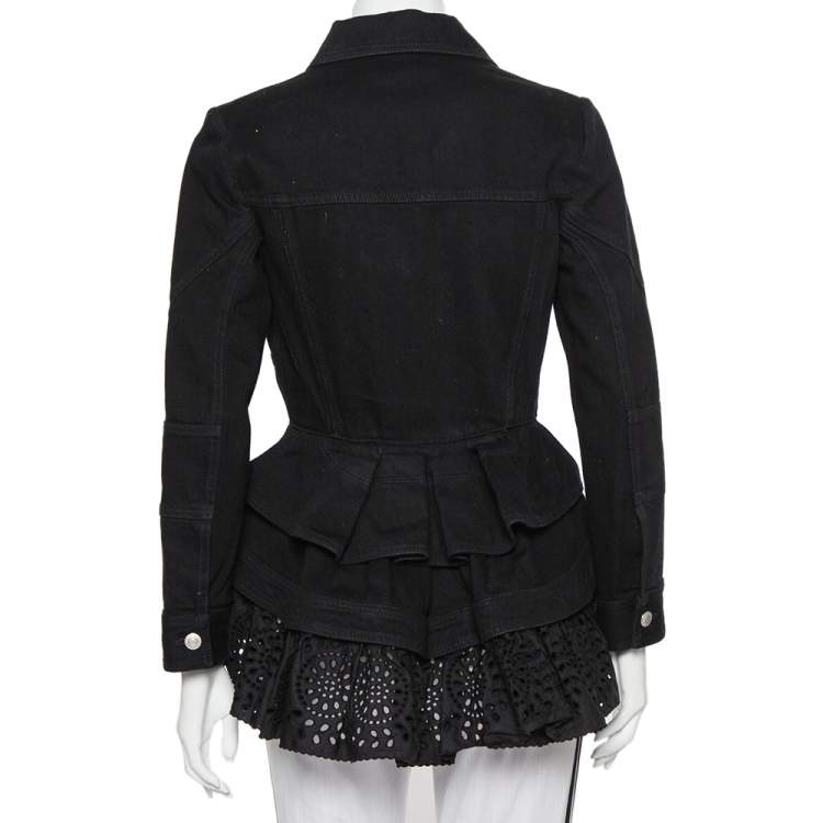 Pre Owned Alexander McQueen Black Denim & Embroidered Lace Peplum Jacket S
