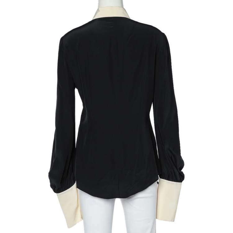 Pre Owned Alexander McQueen Black Silk Contrast Collar Long Sleeve Shirt M