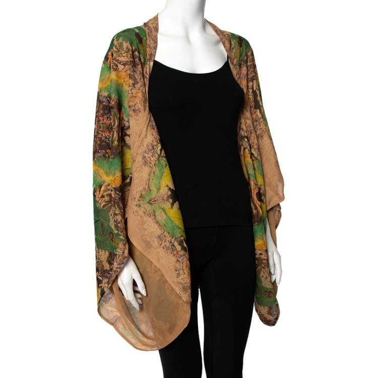 Pre Owned Alexander McQueen Multicolor Owl Printed Silk Oversized Draped Shrug (Free Size)