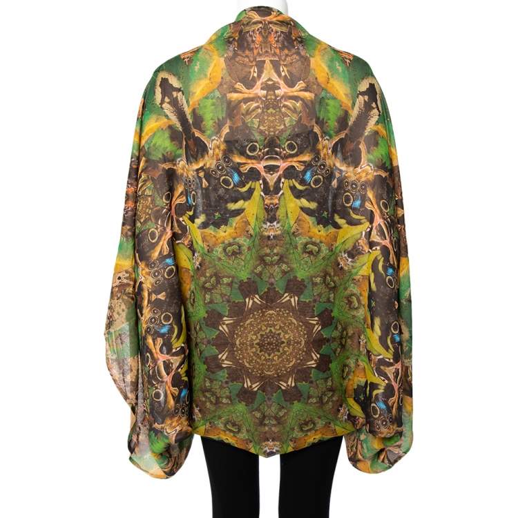 Pre Owned Alexander McQueen Multicolor Owl Printed Silk Oversized Draped Shrug (Free Size)