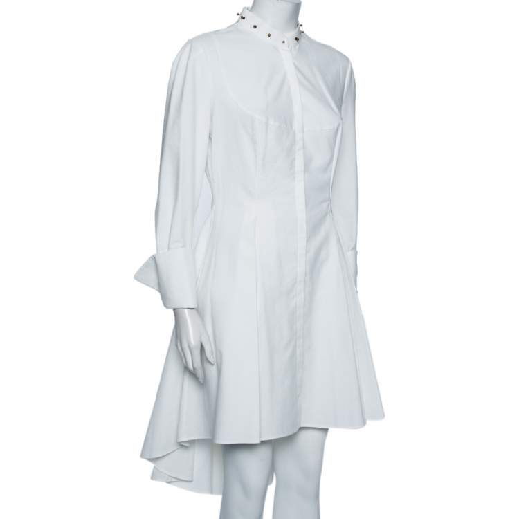 Pre Owned Alexander McQueen White Textured Cotton Asymmetric Hem Tuxedo Dress M