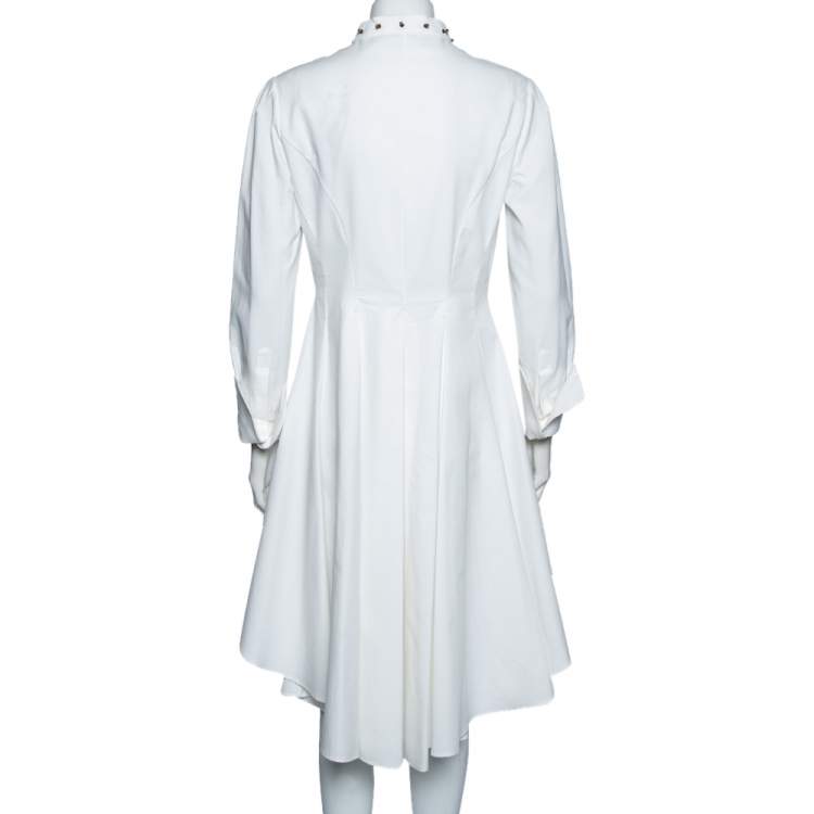 Pre Owned Alexander McQueen White Textured Cotton Asymmetric Hem Tuxedo Dress M