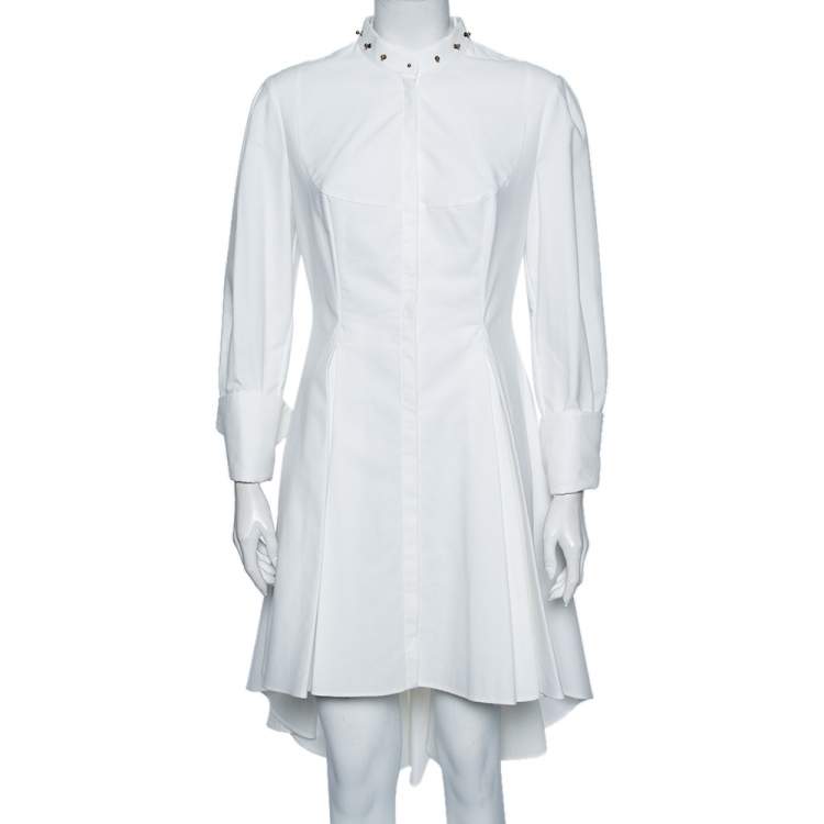 Pre Owned Alexander McQueen White Textured Cotton Asymmetric Hem Tuxedo Dress M