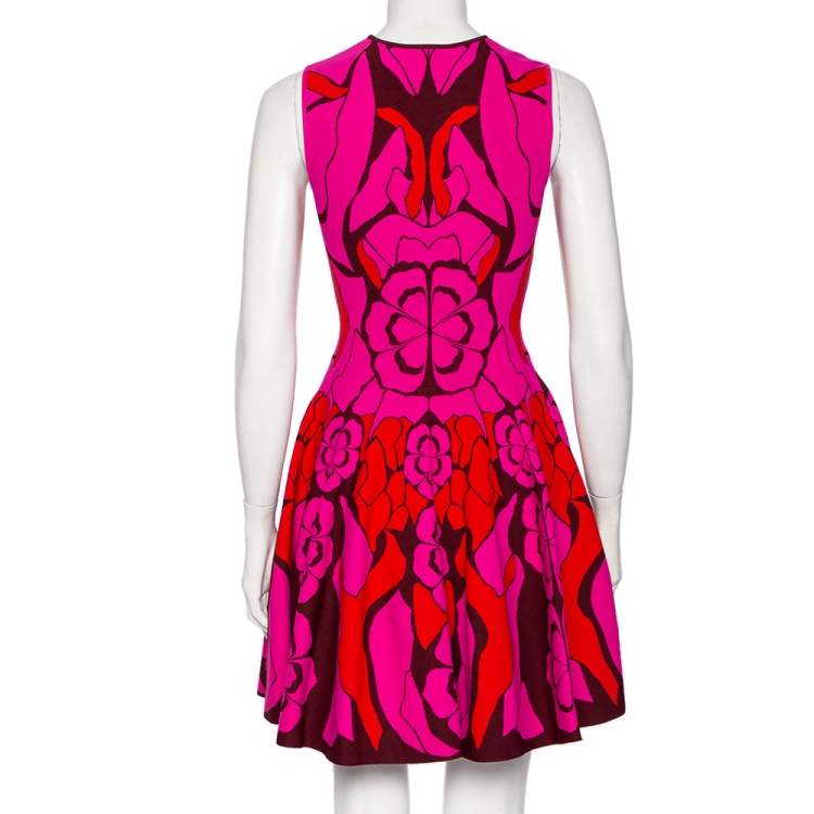 Pre Owned Alexander McQueen Pink Floral Intarsia Knit Sleeveless Fit & Flare Dress S
