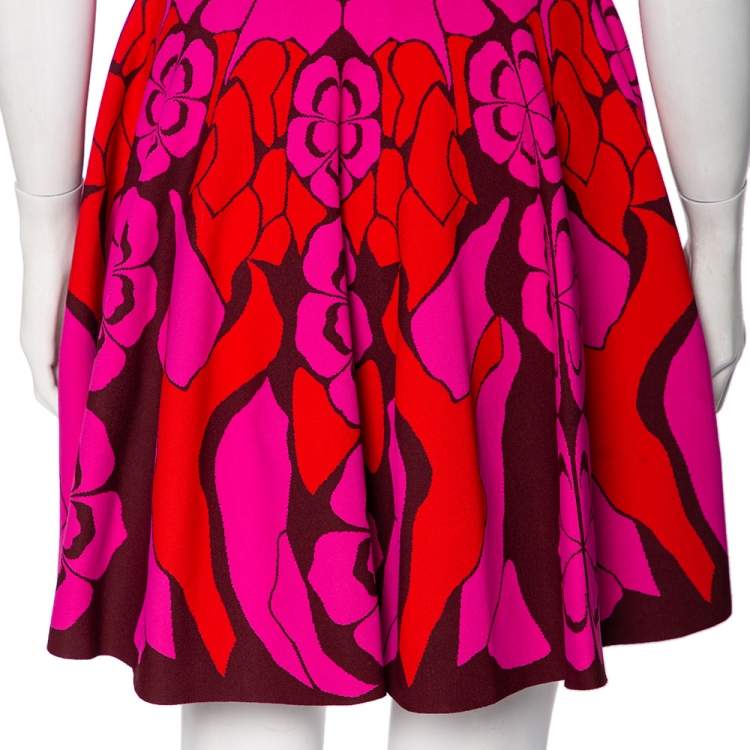 Pre Owned Alexander McQueen Pink Floral Intarsia Knit Sleeveless Fit & Flare Dress S