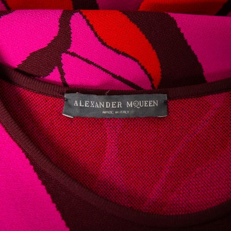 Pre Owned Alexander McQueen Pink Floral Intarsia Knit Sleeveless Fit & Flare Dress S