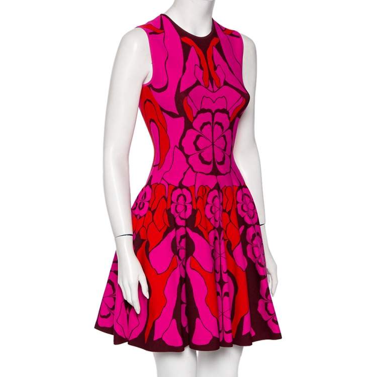 Pre Owned Alexander McQueen Pink Floral Intarsia Knit Sleeveless Fit & Flare Dress S