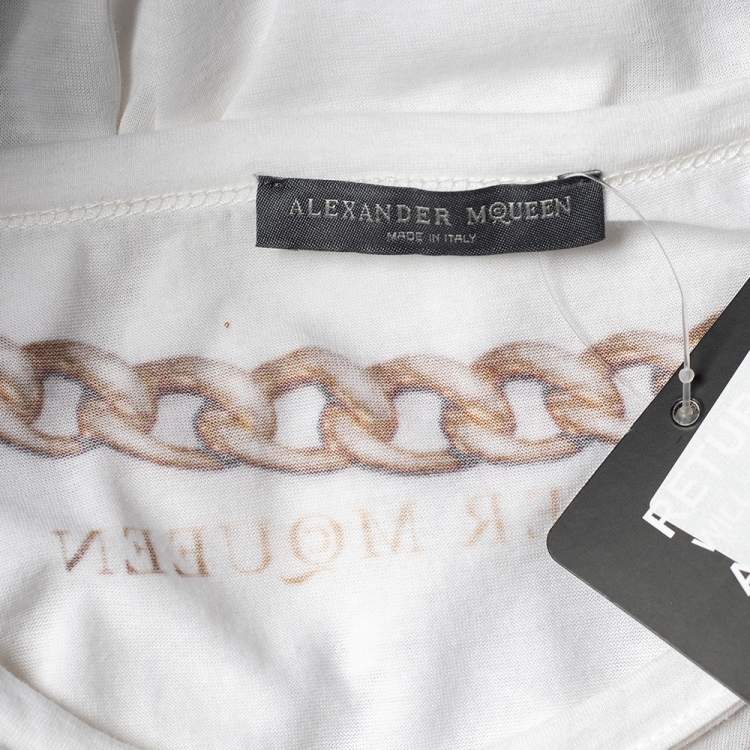 Pre Owned Alexander McQueen White Fur & Chain Print Cotton Crew Neck T-Shirt M
