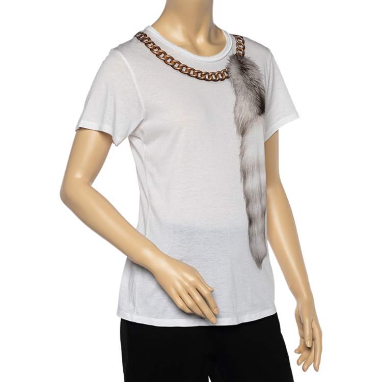 Pre Owned Alexander McQueen White Fur & Chain Print Cotton Crew Neck T-Shirt M