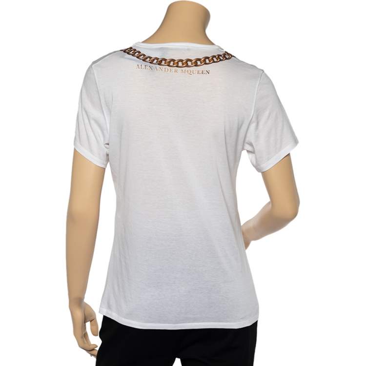 Pre Owned Alexander McQueen White Fur & Chain Print Cotton Crew Neck T-Shirt M