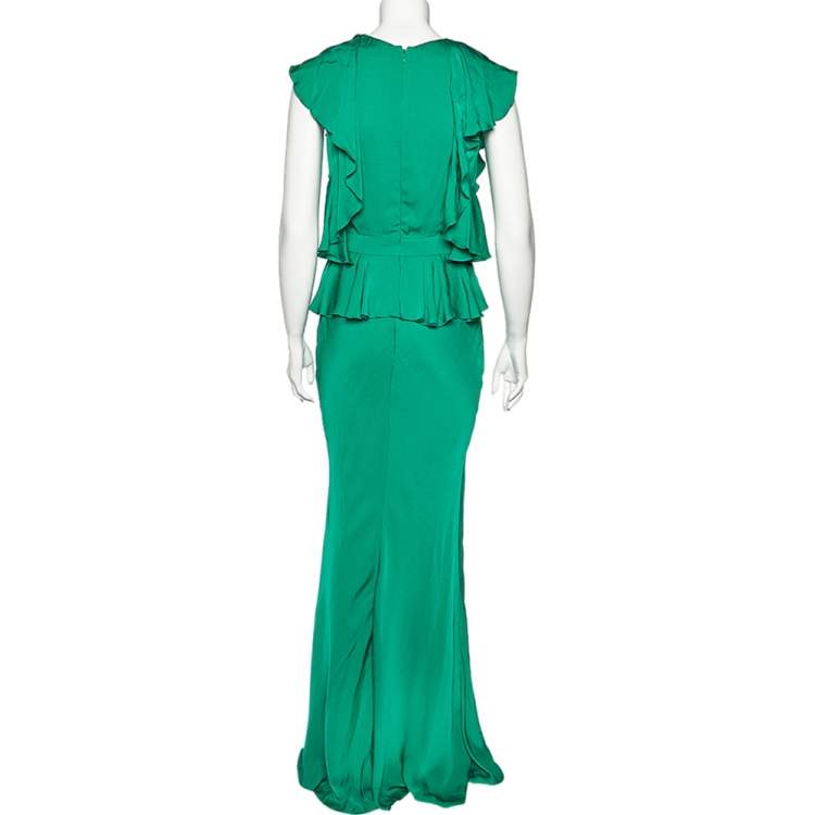 Pre Owned Alexander McQueen Green Crepe Ruffled Sleeveless Gown S