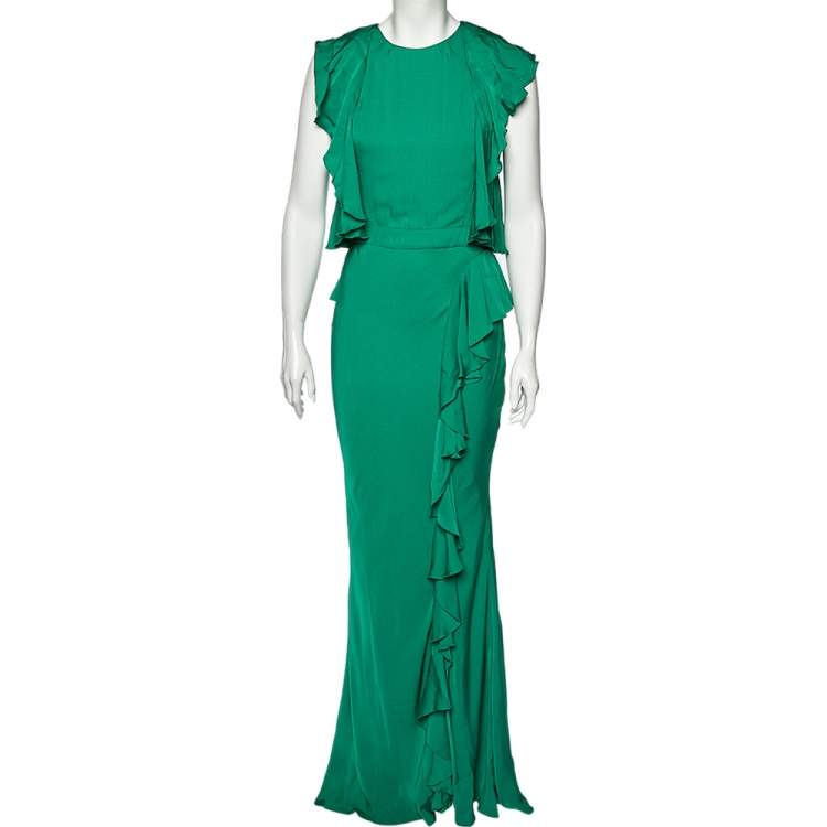 Pre Owned Alexander McQueen Green Crepe Ruffled Sleeveless Gown S